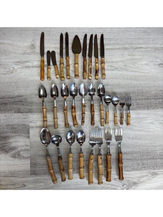 Unbranded Other - Vtg 29pc Bamboo Handle Flatware Silverware and Serving Pieces Stainless Japan
